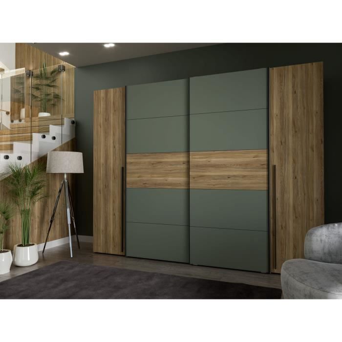 Armoire - Décor Chene et vert Sauge - 2 portes battantes + 2 portes coulissantes - L270 x P61 x H210cm - NARAGO