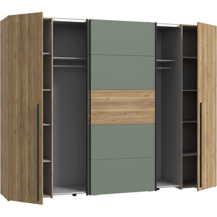 Armoire - Décor Chene et vert Sauge - 2 portes battantes + 2 portes coulissantes - L270 x P61 x H210cm - NARAGO