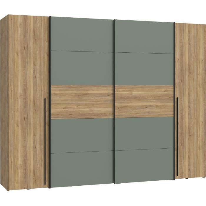 Armoire - Décor Chene et vert Sauge - 2 portes battantes + 2 portes coulissantes - L270 x P61 x H210cm - NARAGO