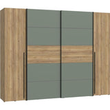 Armoire - Décor Chene et vert Sauge - 2 portes battantes + 2 portes coulissantes - L270 x P61 x H210cm - NARAGO