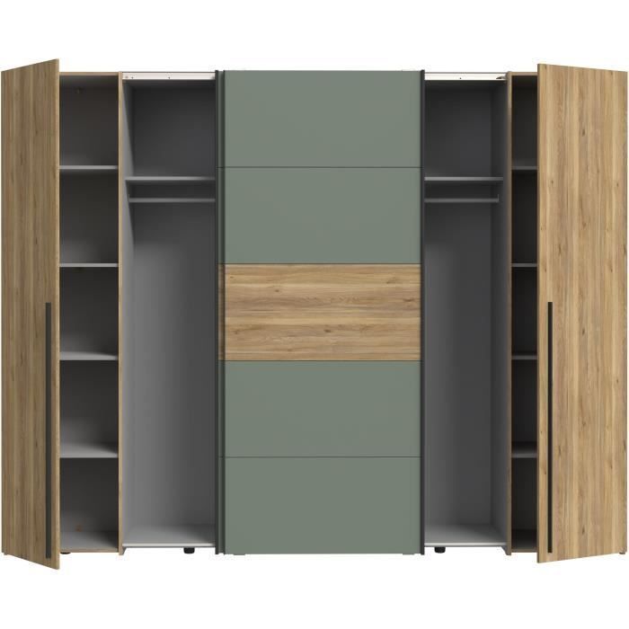 Armoire - Décor Chene et vert Sauge - 2 portes battantes + 2 portes coulissantes - L270 x P61 x H210cm - NARAGO