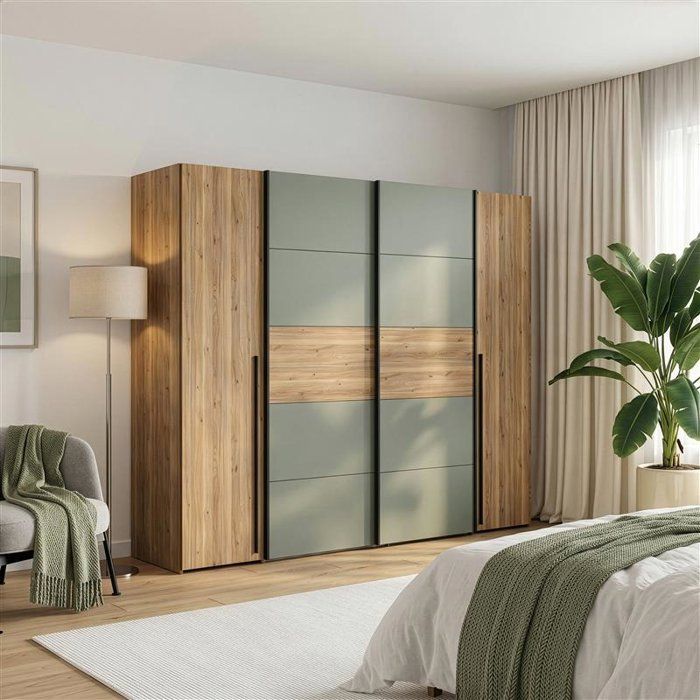 Armoire - Décor Chene et vert Sauge - 2 portes battantes + 2 portes coulissantes - L270 x P61 x H210cm - NARAGO