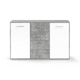 Buffet bas PILVI - 2 portes et 4 tiroirs - Blanc et bÈton clair - L 122,6 x P 34,2 x H 81,1 cm