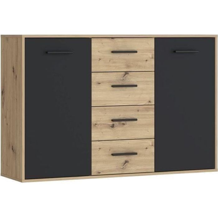 Buffet PILVI - Style contemporain - Particules mélaminé - Décor Chene et noir - 2 portes + 4 tiroirs - L 122,6 x P 34,2 x H 81,7 cm