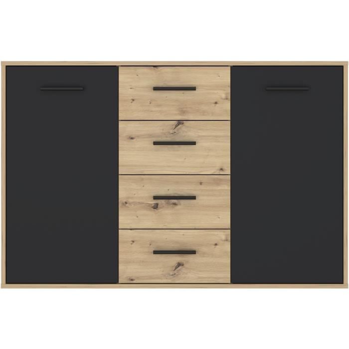 Buffet PILVI - Style contemporain - Particules mélaminé - Décor Chene et noir - 2 portes + 4 tiroirs - L 122,6 x P 34,2 x H 81,7 cm