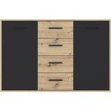 Buffet PILVI - Style contemporain - Particules mélaminé - Décor Chene et noir - 2 portes + 4 tiroirs - L 122,6 x P 34,2 x H 81,7 cm