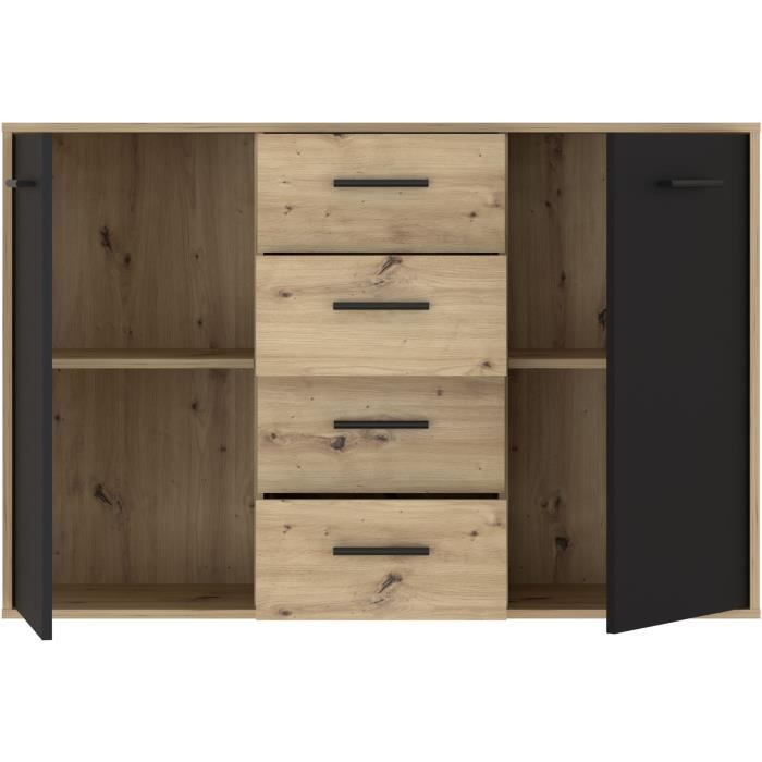 Buffet PILVI - Style contemporain - Particules mélaminé - Décor Chene et noir - 2 portes + 4 tiroirs - L 122,6 x P 34,2 x H 81,7 cm