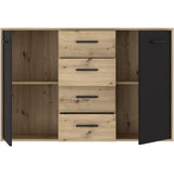 Buffet PILVI - Style contemporain - Particules mélaminé - Décor Chene et noir - 2 portes + 4 tiroirs - L 122,6 x P 34,2 x H 81,7 cm