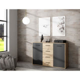 Buffet PILVI - Style contemporain - Particules mélaminé - Décor Chene et noir - 2 portes + 4 tiroirs - L 122,6 x P 34,2 x H 81,7 cm