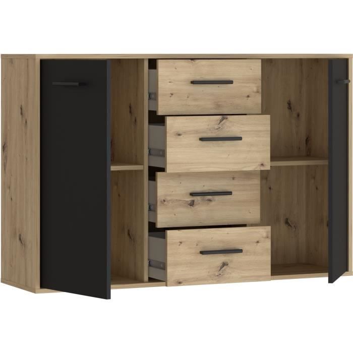 Buffet PILVI - Style contemporain - Particules mélaminé - Décor Chene et noir - 2 portes + 4 tiroirs - L 122,6 x P 34,2 x H 81,7 cm
