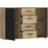 Buffet PILVI - Style contemporain - Particules mélaminé - Décor Chene et noir - 2 portes + 4 tiroirs - L 122,6 x P 34,2 x H 81,7 cm