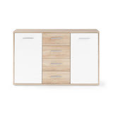 Buffet bas PILVI - 2 portes et 4 tiroirs - Blanc et chene sonoma - L 122,6 x P 34,2 x H 81,1 cm