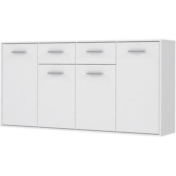 Buffet bas PILVI - 4 portes et 2 tiroirs - Blanc mat - L 162,3 x P 34,2 x H 88,1 cm