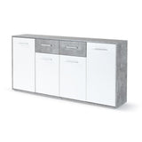 Buffet bas PILVI - 4 portes et 2 tiroirs - Blanc et bÈton clair - L 162,3 x P 34,2 x H 88,1 cm