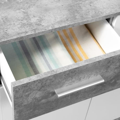 Buffet bas PILVI - 4 portes et 2 tiroirs - Blanc et béton clair - L 162,3 x P 34,2 x H 88,1 cm