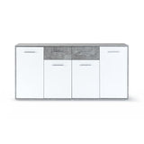 Buffet bas PILVI - 4 portes et 2 tiroirs - Blanc et bÈton clair - L 162,3 x P 34,2 x H 88,1 cm