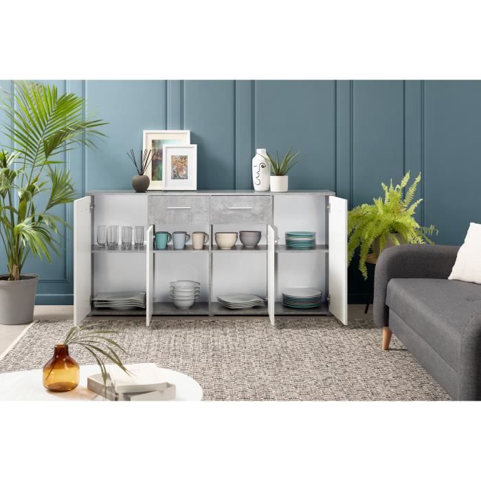 Buffet bas PILVI - 4 portes et 2 tiroirs - Blanc et bÈton clair - L 162,3 x P 34,2 x H 88,1 cm