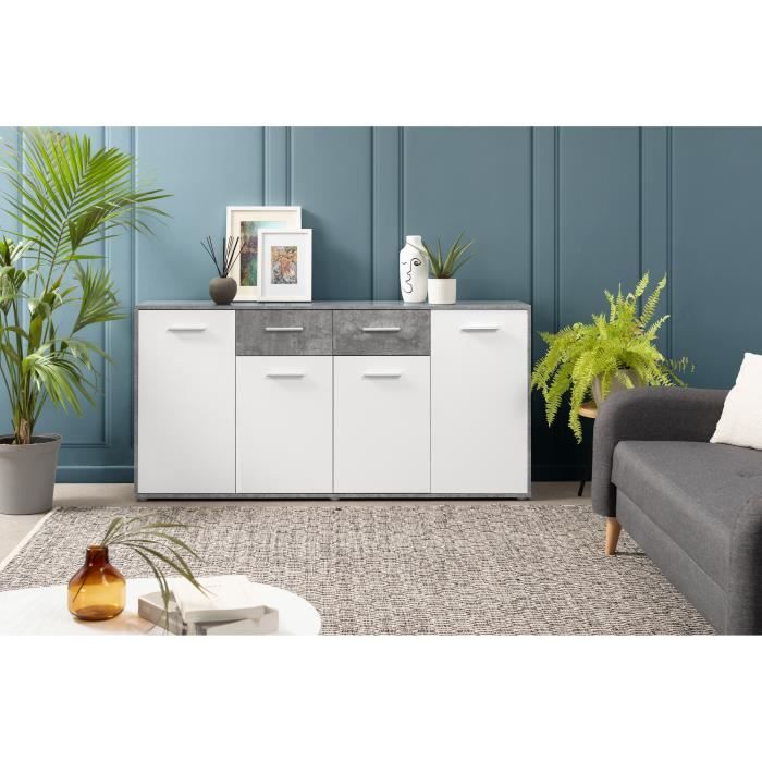 Buffet bas PILVI - 4 portes et 2 tiroirs - Blanc et bÈton clair - L 162,3 x P 34,2 x H 88,1 cm