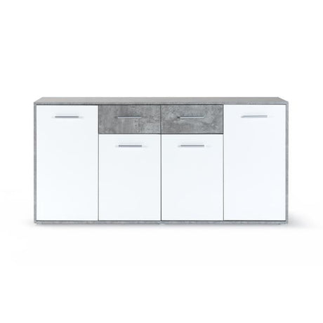 Buffet bas PILVI - 4 portes et 2 tiroirs - Blanc et béton clair - L 162,3 x P 34,2 x H 88,1 cm