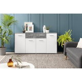 Buffet bas PILVI - 4 portes et 2 tiroirs - Blanc et béton clair - L 162,3 x P 34,2 x H 88,1 cm
