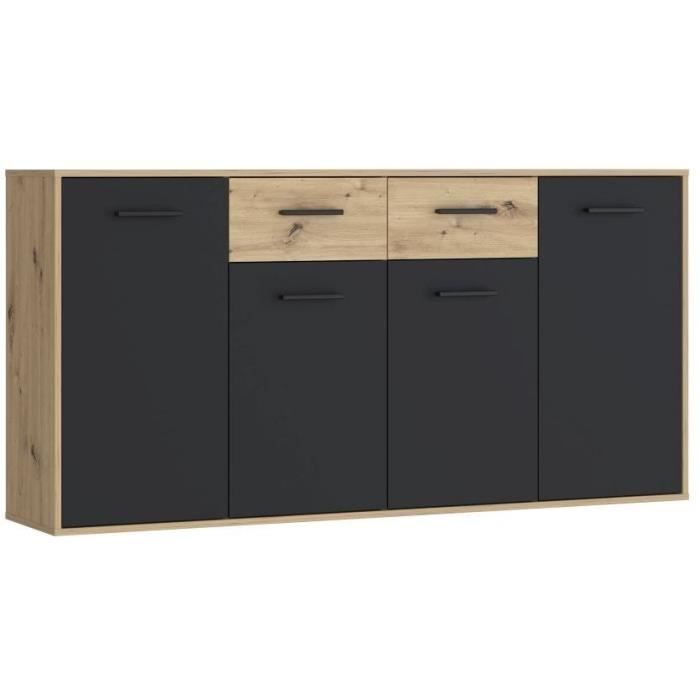 Buffet PILVI - Style contemporain - Particules mélaminé - Décor Chene et noir - 4 portes + 2 tiroirs - L 162,3 x P 34,2 x H 81,7 cm