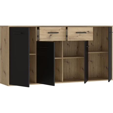 Buffet PILVI - Style contemporain - Particules mélaminé - Décor Chene et noir - 4 portes + 2 tiroirs - L 162,3 x P 34,2 x H 81,7 cm