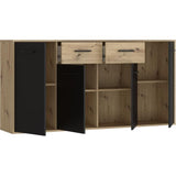 Buffet PILVI - Style contemporain - Particules mélaminé - Décor Chene et noir - 4 portes + 2 tiroirs - L 162,3 x P 34,2 x H 81,7 cm