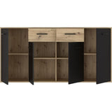 Buffet PILVI - Style contemporain - Particules mélaminé - Décor Chene et noir - 4 portes + 2 tiroirs - L 162,3 x P 34,2 x H 81,7 cm