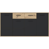 Buffet PILVI - Style contemporain - Particules mélaminé - Décor Chene et noir - 4 portes + 2 tiroirs - L 162,3 x P 34,2 x H 81,7 cm