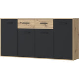 Buffet PILVI - Style contemporain - Particules mélaminé - Décor Chene et noir - 4 portes + 2 tiroirs - L 162,3 x P 34,2 x H 81,7 cm