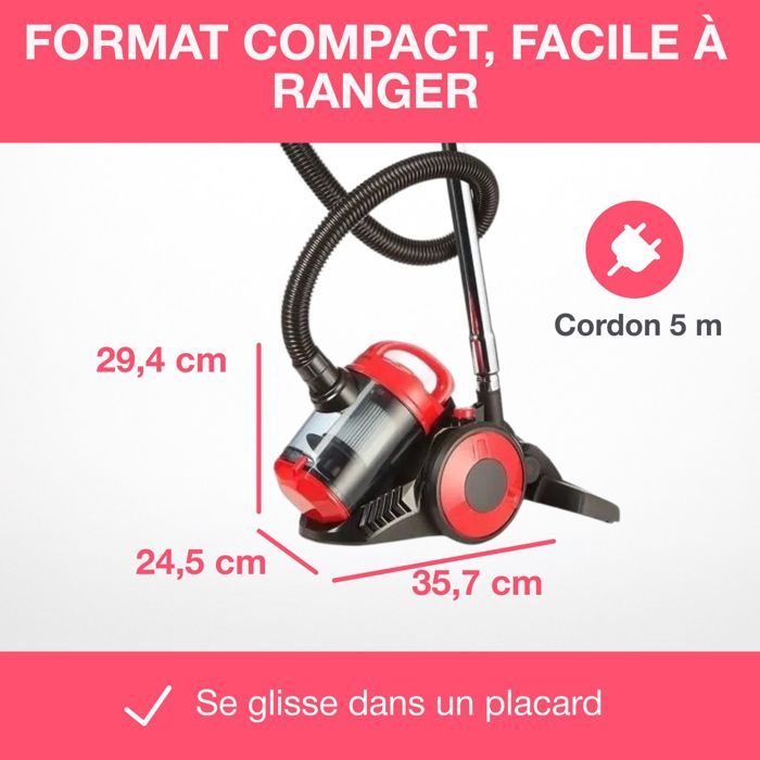 OCEANIC VC10RBAX2 Aspirateur traîneau sans sac - 700W - 80dB - A - Rouge