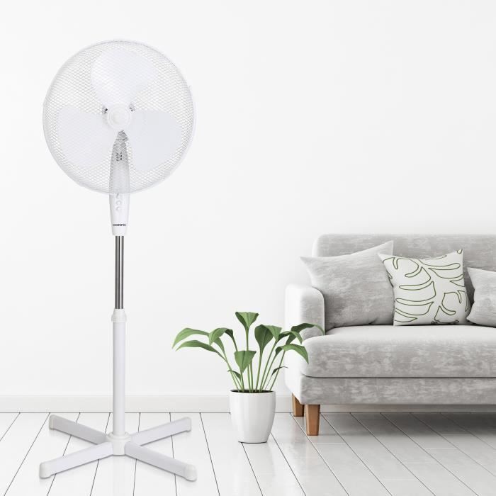 Ventilateur sur pied OCEANIC - 45W - Diametre 40 cm - Hauteur réglable - Oscillation - Blanc