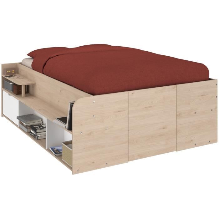 ODYSSEE Lit coffre adulte - 140x190/200 cm - Avec coffre relevable - Décor chene et Blanc - 168,3x66,5x209,5 cm