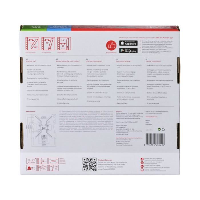 ONE FOR ALL WM2241 Support mural inclinable (15°) et orientable (180°) pour TV de 13 a 43 (33 a 109cm) - Poids max : 30kg