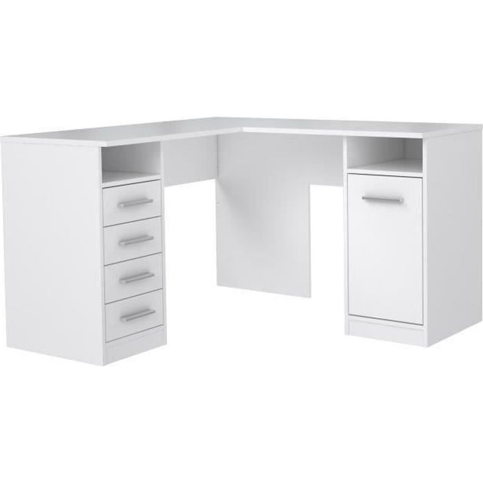 TOLEDE Bureau d'angle 1 porte 4 tiroirs - Décor papier blanc - L 125 x P 125 x H 75 cm