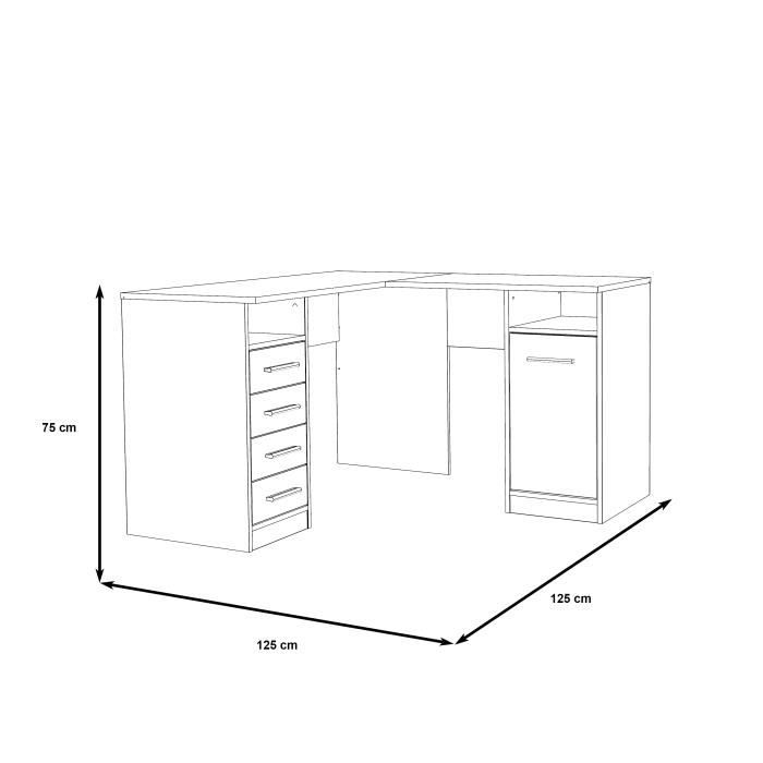 TOLEDE Bureau d'angle 1 porte 4 tiroirs - DÈcor papier blanc - L 125 x P 125 x H 75 cm