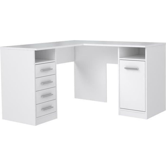 TOLEDE Bureau d'angle 1 porte 4 tiroirs - Décor papier blanc - L 125 x P 125 x H 75 cm