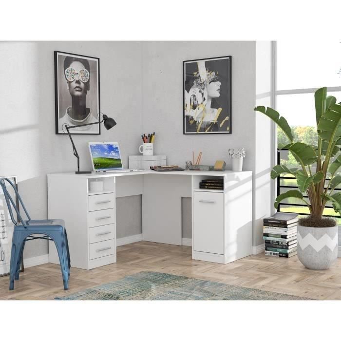 TOLEDE Bureau d'angle 1 porte 4 tiroirs - DÈcor papier blanc - L 125 x P 125 x H 75 cm