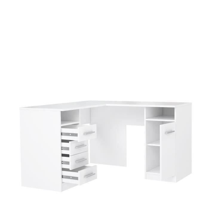 TOLEDE Bureau d'angle 1 porte 4 tiroirs - DÈcor papier blanc - L 125 x P 125 x H 75 cm