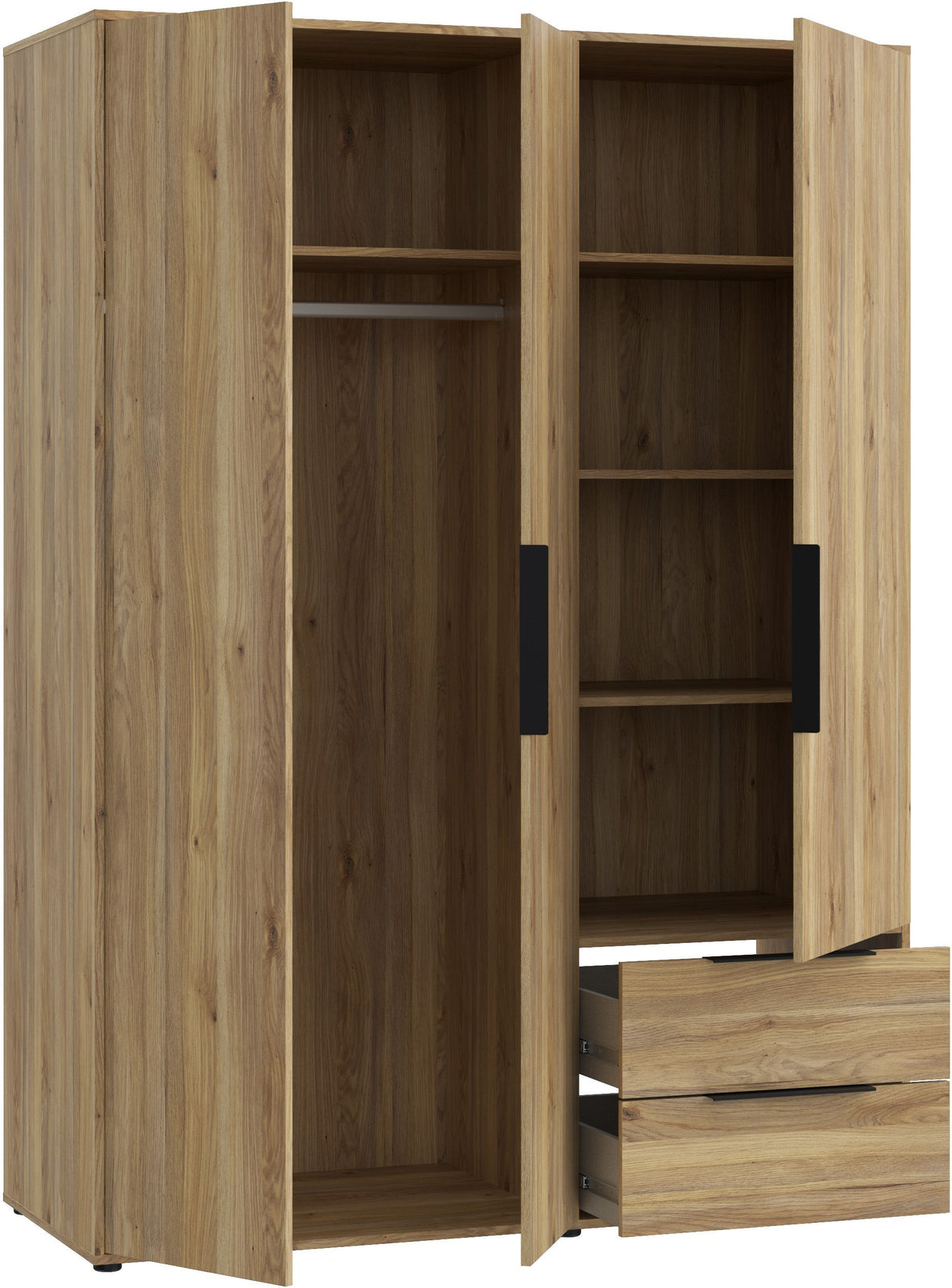 Armoire de chambre - Décor Chene - 3 portes battantes + 2 tiroirs - L144,4 x P59 x H200,1 cm - ORKNEY