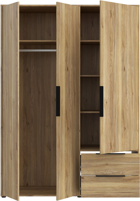 Armoire de chambre - Décor Chene - 3 portes battantes + 2 tiroirs - L144,4 x P59 x H200,1 cm - ORKNEY