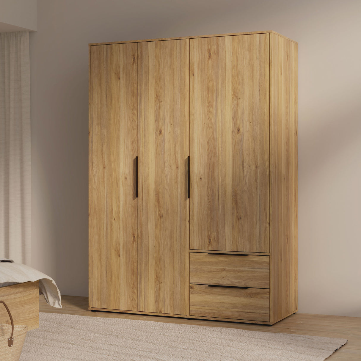 Armoire de chambre - Décor Chene - 3 portes battantes + 2 tiroirs - L144,4 x P59 x H200,1 cm - ORKNEY