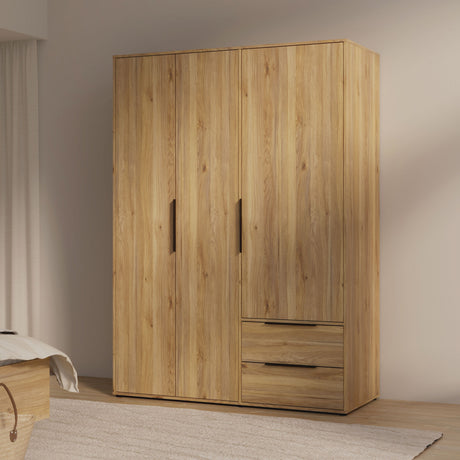 Armoire de chambre - Décor Chene - 3 portes battantes + 2 tiroirs - L144,4 x P59 x H200,1 cm - ORKNEY