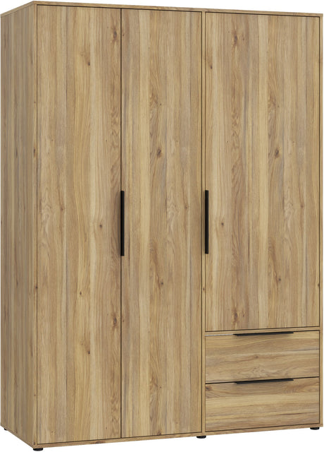 Armoire de chambre - Décor Chene - 3 portes battantes + 2 tiroirs - L144,4 x P59 x H200,1 cm - ORKNEY