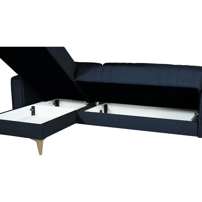 Canapé d'angle convertible réversible - 3 / 4 personnes - OMEGA - Tissu bleu foncé - Coffre - 3 coussins - 225 x 81/151 x 84 cm