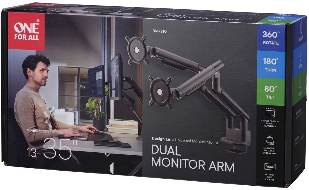 Support moniteur Dynamic - ONE FOR ALL - Vesa 100 - Double Bras - 13 et 32'' - 8kgs max - Hauteur rťglable - Noir