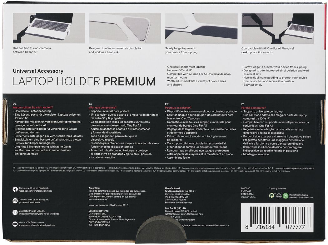 Support pour ordinateur portable - ONE FOR ALL - Vesa 75 - 10 a 17'' max - 9 kgs max - Réglage de la largeur - Rebord de sécurité