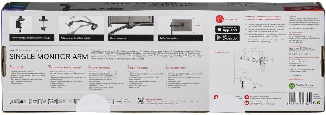 Support moniteur Smart - ONE FOR ALL - Vesa 100 - Simple Bras - 13 et 32'' - 8kgs max - Hauteur réglable - Noir