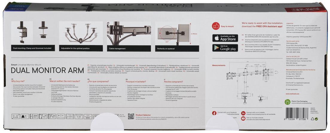 Support moniteur Smart - ONE FOR ALL - Vesa 100 - Double Bras - 13 et 32'' - 8kgs max - Hauteur réglable - Noir