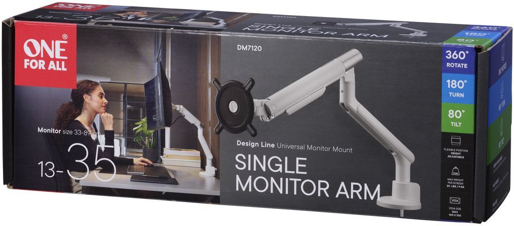 Support moniteur Dynamic - ONE FOR ALL - Vesa 100 - Simple Bras - 13 et 32'' - 8kgs max - Hauteur réglable - Blanc